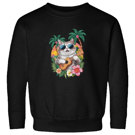 Cat Ukulele Sunglasses Tropical Vibes Sweatshirts