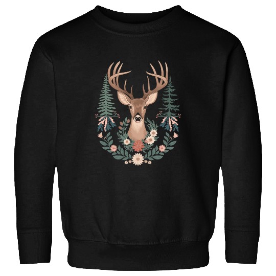 Cottagecore Deer with Floral Wreath and Evergreen Sweatshirts