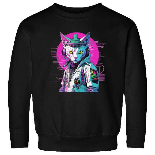 Neon Cyberpunk Warrior Cat Sweatshirts