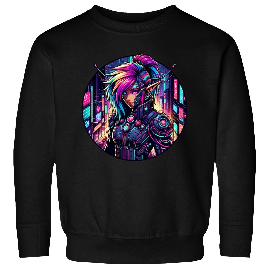 Neon Cyberpunk Elf in Futuristic Cityscape Sweatshirts