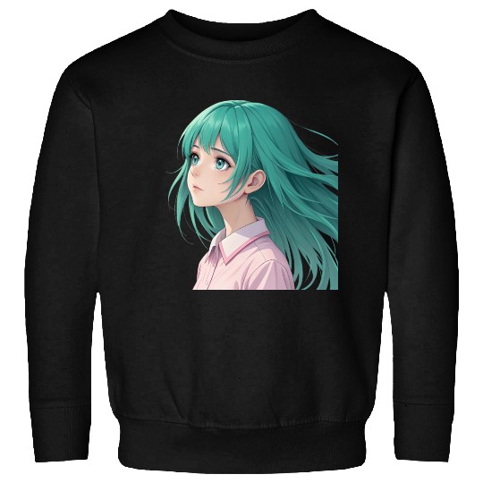 Teal Tresses: A Vision of Anime Serenity and Wonde Sweatshirts