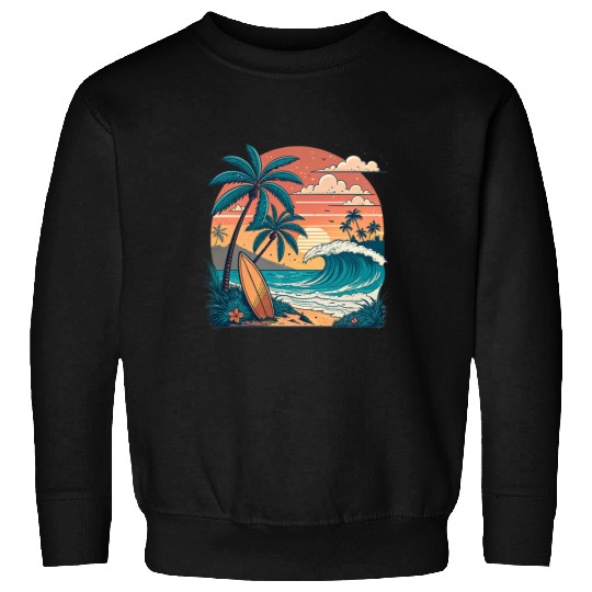 Tropical Paradise Sunset Surfing and Palm Trees Sweatshirts