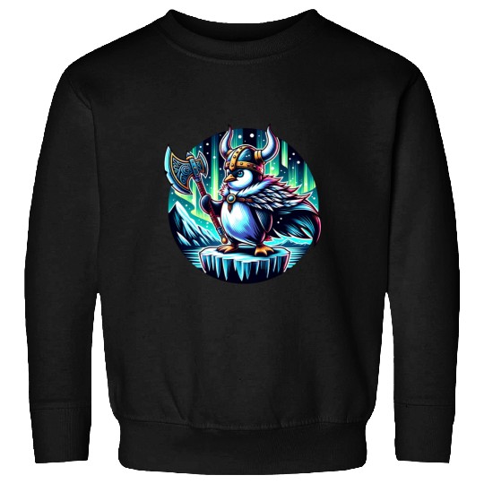 Viking Penguin with Axe Under Northern Lights Sweatshirts