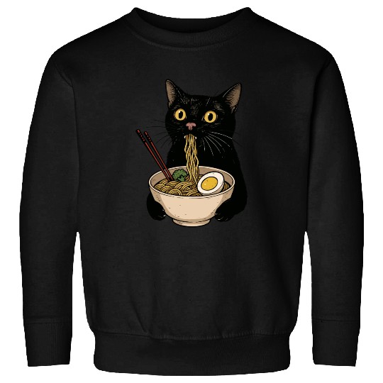 Black Cat Eating Ramen Noodles, Cute Japanese Food Sweatshirts