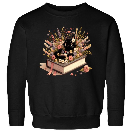 Whimsical Black Cat with Floral Book Design Sweatshirts