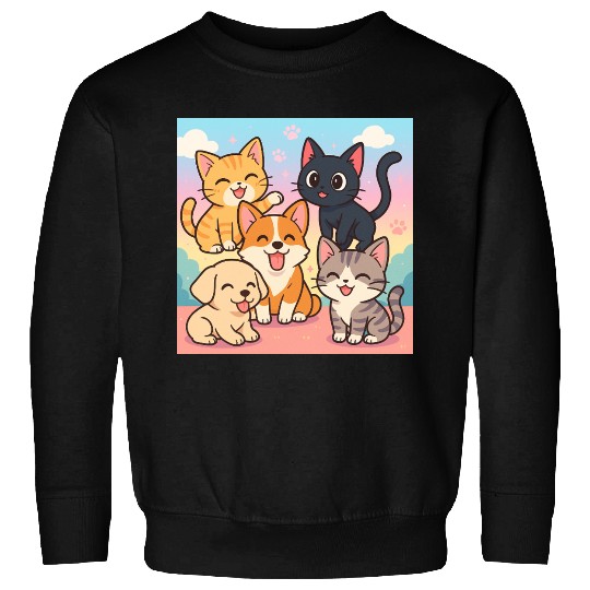 Colorful Cute Cats and Puppy Illustration Sweatshirts