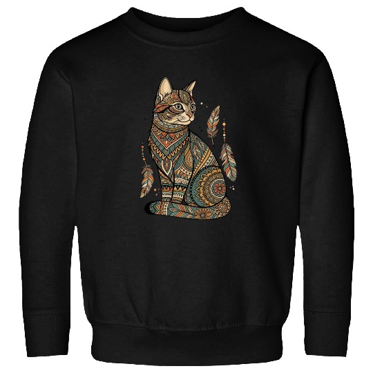Boho Mandala Cat – Tribal Patterned Feline Art Sweatshirts