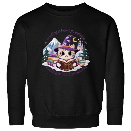 Whimsical Cat Wizard Reading Magic Book Sweatshirts