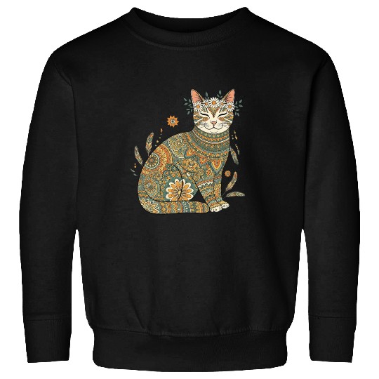 Boho Cat – Smiling Floral Mandala Design Sweatshirts