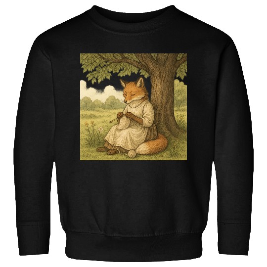Whimsical Fox Knitting Under Tree Sweatshirts