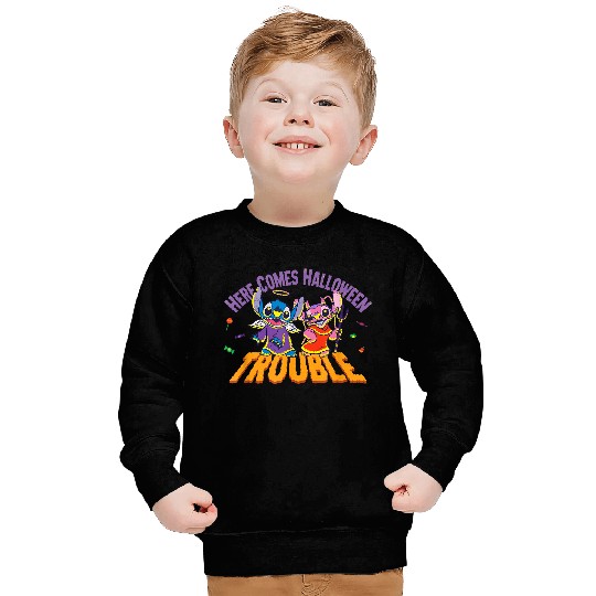 Disneyss Stitch Angel Here Comes Halloween Trouble Sweatshirts