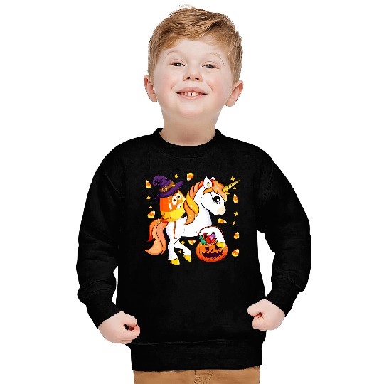 Candy Corn As Witch Riding Unicorns Halloween Carved Pumpkin Sweatshirts
