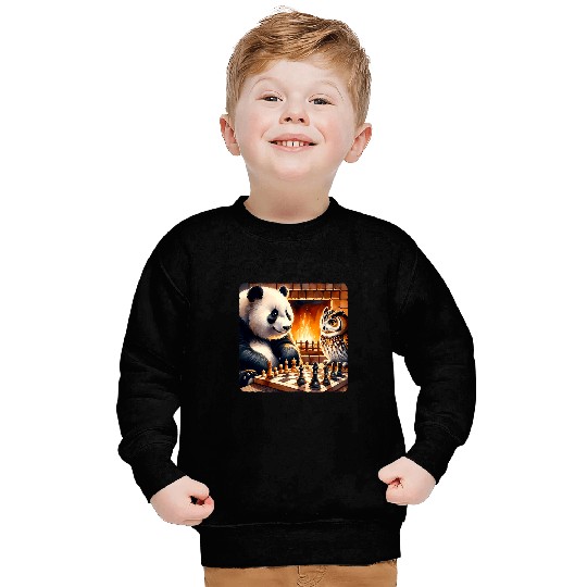 Panda Pet Playing Chess With Owl By Fireplace Cozy Strategy Sweatshirts