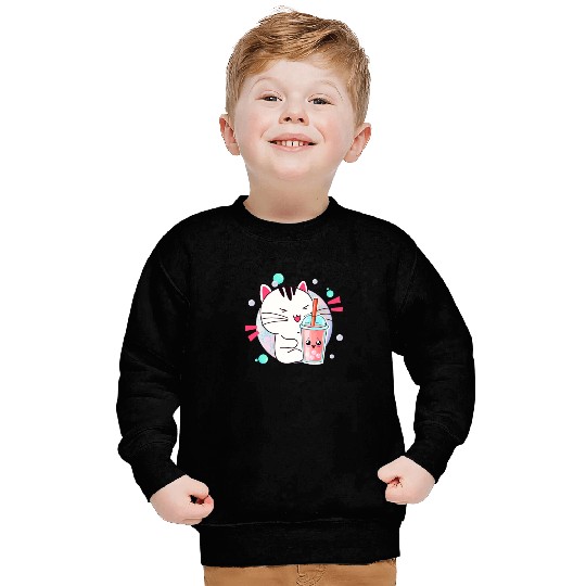 Kawaii Anime Cat Bubble Tea Fan Sweatshirts