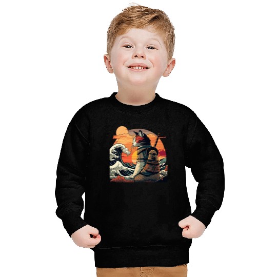 Retro samurai cat The Great Wave Hokusai Sweatshirts