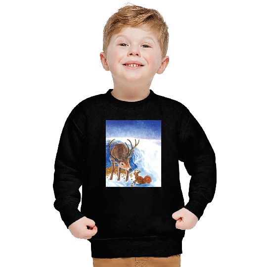Red Deer and Squirrel in Winter Illustration Sweatshirts
