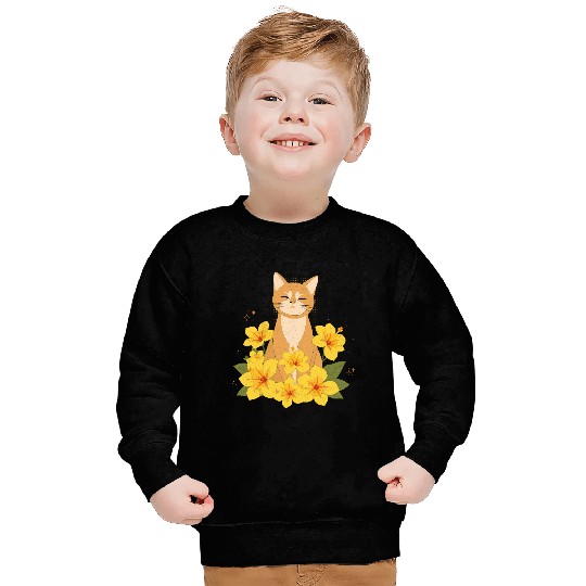 Orange Cat Surrounded by Yellow Hibiscus Flowers Sweatshirts