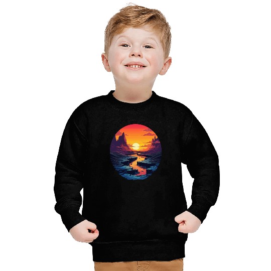 Sunset Mountain River Serenity Landscape Sweatshirts