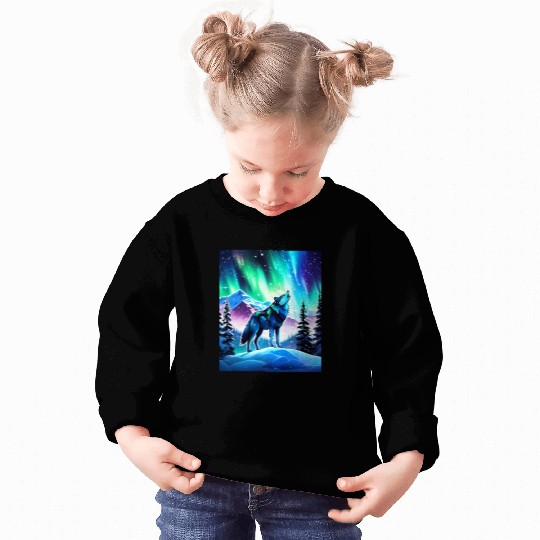 wolfs Howling With Northern Lights Mountains Starry Sky Sweatshirts