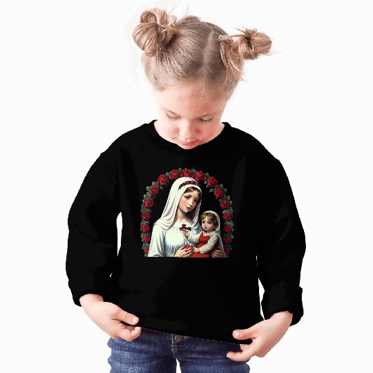 Mother Mary and Baby Jesus with Red Roses Sweatshirts