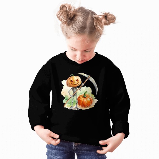 Pumpkin headed skeleton wielding a menacing scythe Sweatshirts