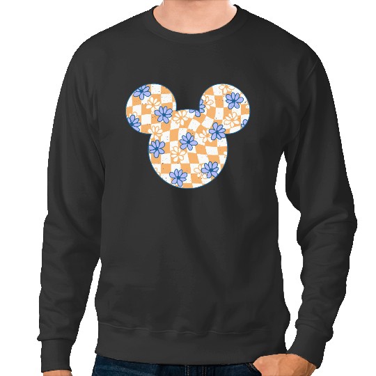 Retro Mickey Mouse Head Floral Checkerboard Sweatshirts, Checkerboard Disney Shir