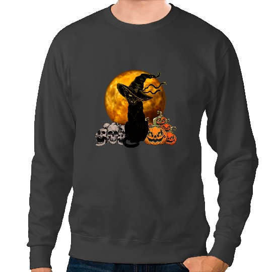 black cats Paws Beautiful Halloween black cats with Witch Hat Full Moon Cat Sweatshirts