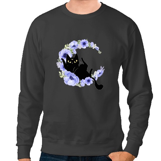 black cats Paws Blue Flower Crescent Moon Luna Celestial Moon Sweatshirts