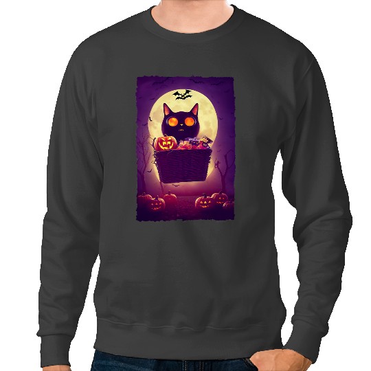 black cats Paws Spooky Halloween Cat on Sugar Rush In Candy Basket Full Moon Sweatshirts