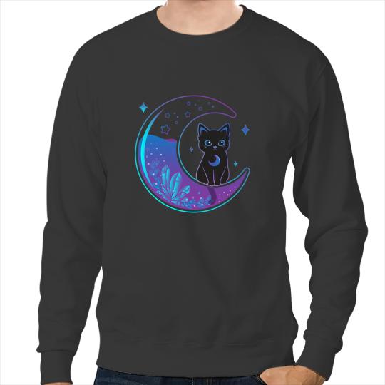 black cats Paws Crystal Alchemy Black Witch Cat on Moon Kawaii Pastel Goth Sweatshirts