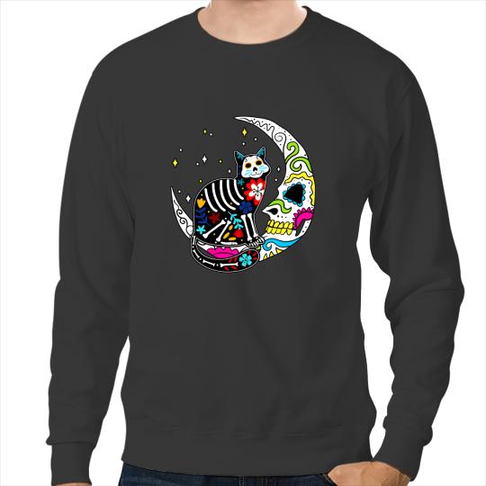 black cats Paws Moon Cat Sugar Skull Dia De Los Muertos Sweatshirts