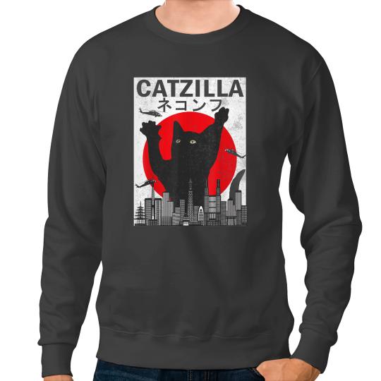 black cats Paws vintages Catzilla Japanese Sunset Style Cat Kitten Lover Sweatshirts