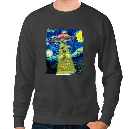 Cat Paws Van Gogh Starry Night Gift UFO Alien Cat Lover Art Halloween Sweatshirts