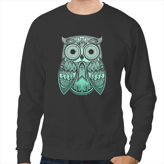 Cute Owl Teal Gradient Paisley Henna Owl Bohemian Graphic Sweatshirts