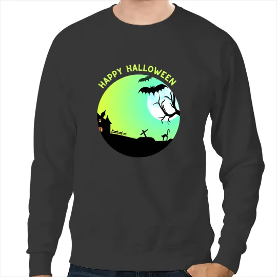 black cats Paws Happy Halloween Cat Haunted House Bats Moon Sweatshirts