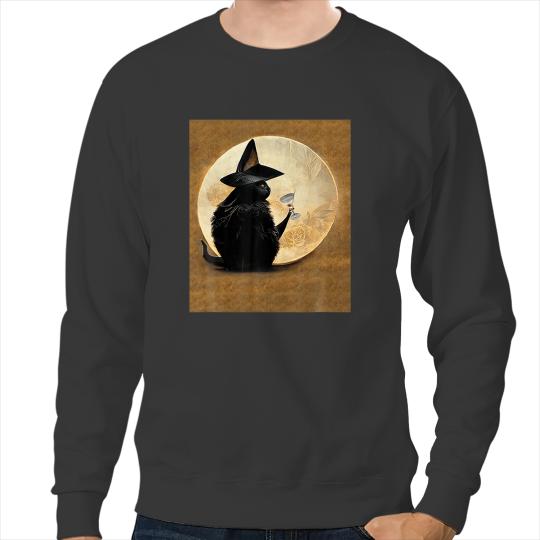 black cats Paws With Witch Hat Holding A Cocktail With Full Moon Sweatshirts