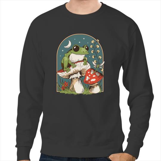 Frog Gift Cottagecore Kawaii Frog Sitting On Mushroom Fungi Goblincore1 Sweatshirts