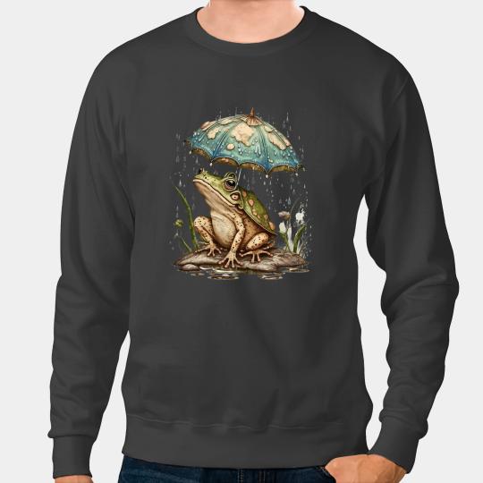 Frog Gift Cottagecore Frog With Mushroom Hat In Rain Swamp Mycology 28 Sweatshirts