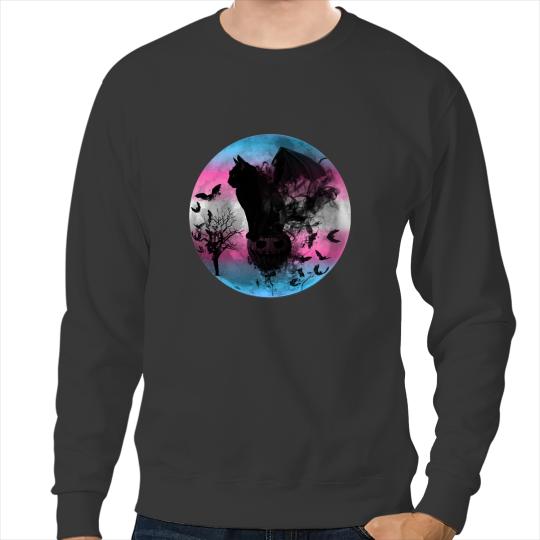 black cats Paws Transgender Batcat Halloween Full Moon Spooky Bats Trans Sweatshirts