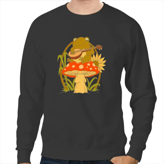 Frog Gift Cottagecore Aesthetic Toad On Mushroom Playing Banjo Sweatshirts