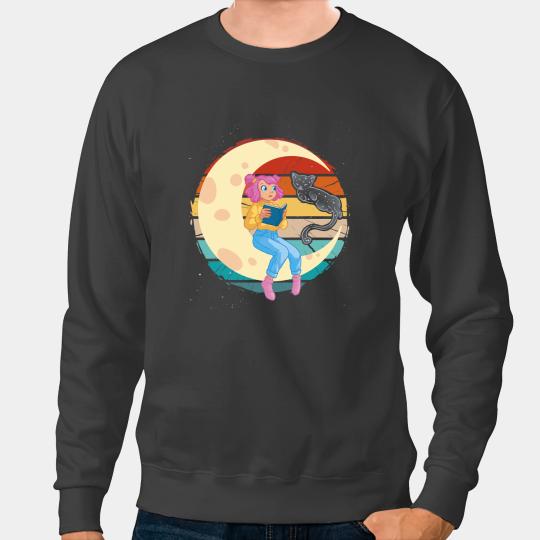 black cats Paws vintages girl reading books on the moon celestial cat stars Sweatshirts