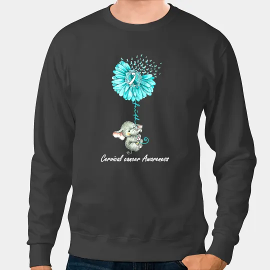 Elephants Lover Teal Sunflower Elephant Cervical Cancer Awareness Gift Sweatshirts