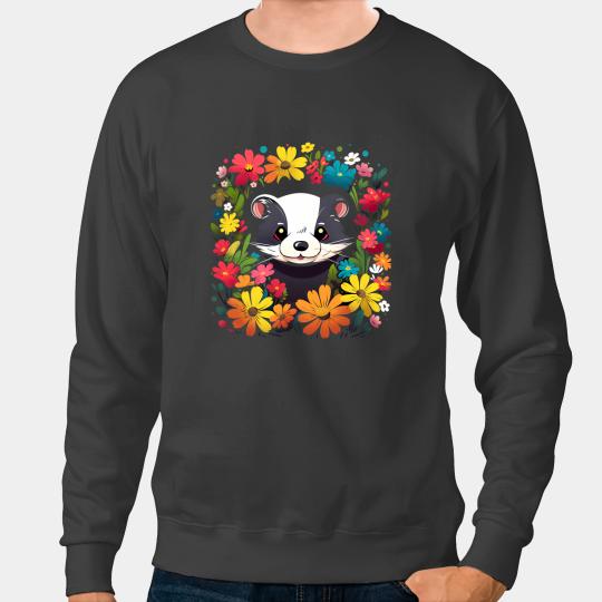 Ferret Gift in a Flower Garden Colorful Floral Animals Black Sweatshirts