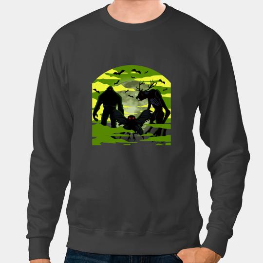 White Moon with Cryptid Group Wendigo Mothman Bigfoot Sweatshirts