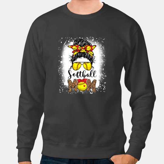 Softball Gift Bleached Leopard Softball Mom Game Day Messy Bun Mothers Day Sweatshirts