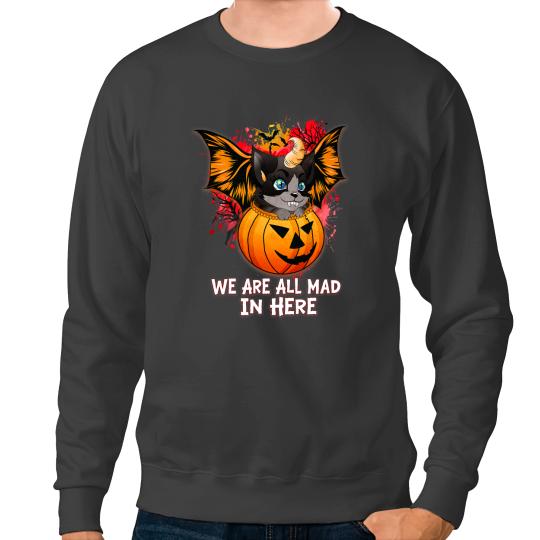 black cats Paws Halloween Chesire Cat Bat Wings We Are All Mad Kids Girls 1 Sweatshirts