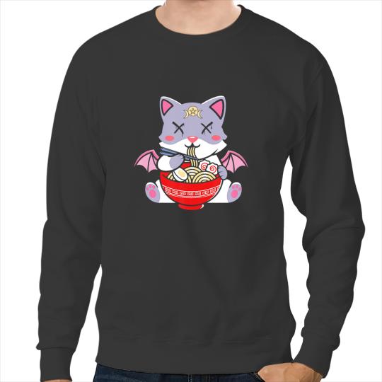 black cats Paws Kawaii Cat Bat Loves Ramen Noodle Cute Halloween Bat Costume Sweatshirts