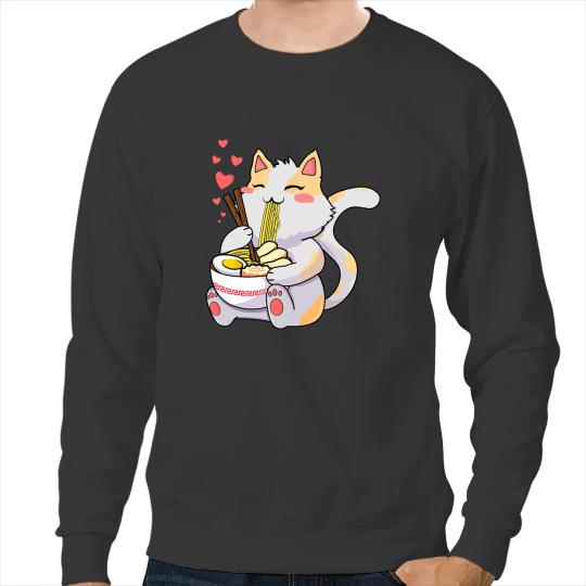 Cat Paws Kawaii Cat Eating Ramen Noodles Japanese Food Anime kids 1 Sweatshirts