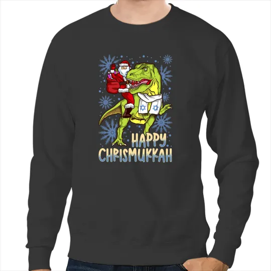 Dinosaur Dino Hanukkah Chrismukkah Santa riding Dinosaur and Star of David Sweatshirts