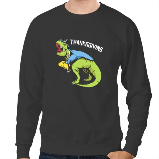 Dinosaur Dino Thanksgiving TRex Dinosaur Holding Turkey Kids Funny Sweatshirts